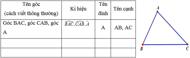 Quan sát hình vẽ rồi điền vào bảng sau các góc có trong hình vẽ Tên góc (cách viết thông thường) góc BAC, góc CAB, góc A (ảnh 1)