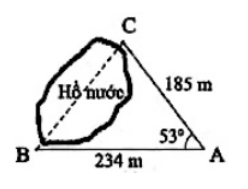 Tính khoảng cách giữa hai điểm B và C, biết rằng từ vị trí A ta đo được: AB = 234m, AC = 185m (ảnh 1)