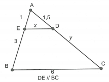 Tính độ dài x, y trong hình sau: Tam giác ABC, DE // BC, D thuộc AC, E thuộc AB (ảnh 1)