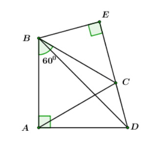 Cho tứ giác ABCD có AB = AC = AD = 20cm, góc B=60 độ , góc A= 90 độ Kẻ BE DC kéo dài. (ảnh 1)