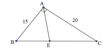 Cho tam giác ABC vuông tại A, AB = 15cm; AC = 20cm. Phân giác của góc A cắt BC tại E. (ảnh 1)