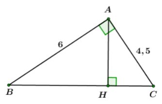 Cho tam giác ABC vuông tại A, AB = 6cm, AC = 4,5cm Tính các góc B, C và đường cao AH của tam giác? (ảnh 1)