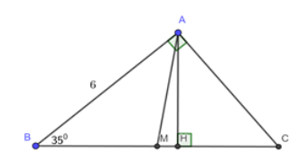 Cho tam giác ABC vuông tại A, góc = 35 độ và AB = 6cm Vẽ đường cao AH và trung tuyến AM  (ảnh 1)