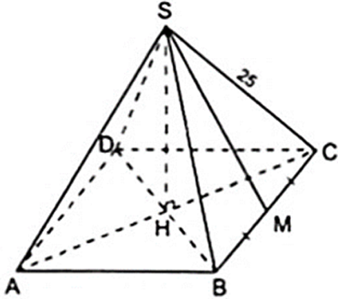 Một hình chóp đều có độ dài cạnh bên là 25cm, đáy là hình vuông ABCD có cạnh bằng 30cm. Tính diện tích toàn phần của hình chóp. (ảnh 1)