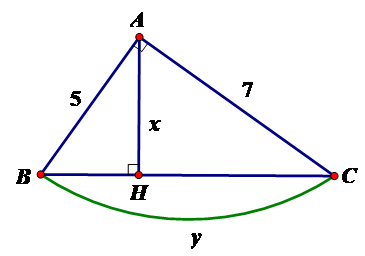 Tính x, y trong hình vẽ sau: x=(35 căn74) / 74; y căn 74  B. y=  (35 căn74) / 74; x= căn 74 (ảnh 1)