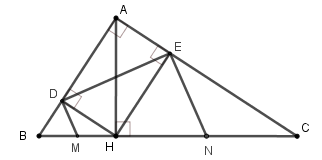 Cho tam giác ABC vuông tại A, đường cao AH. Cho biết BH = 4cm CH = 9cm. Gọi D, E lần lượt là hình (ảnh 1)