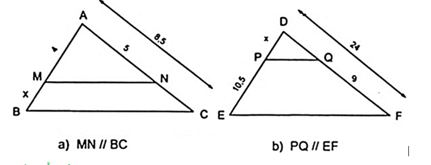 Tính giá trị của x trên hình vẽ đã có:  a) Áp dụng định lí Ta – lét vào (ảnh 1)