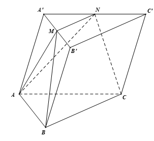 Cho khối lăng trụ ABC.A'B'C' có AB = 3a, AC = 4a, BC = 5a, khoảng cách giữa hai đường thẳng AB và B'C' bằng 2a. Gọi M, N lần lượt là trung điểm của A'B' và A'C' (tham khảo hình vẽ dưới đây). Thể tích V của khối chóp A.BCNM là (ảnh 1)