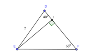 Cho tam giác DEF có DE = 7cm; góc D=40 độ; góc F=58 độ Kẻ đường cao EI của tam giác đó. (ảnh 1)