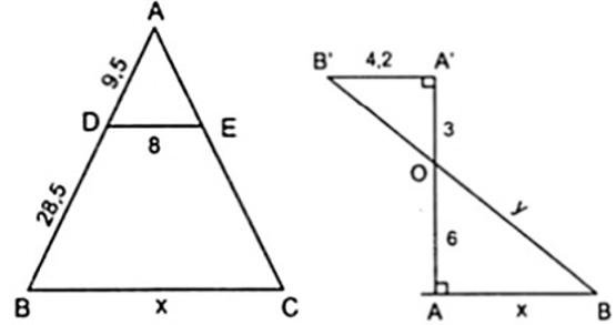 Tính độ dài x, y trong các hình bên  a) Áp dụng hệ quả của định lí Ta – lét ta có: DE//BC ⇒ BC/DE (ảnh 1)