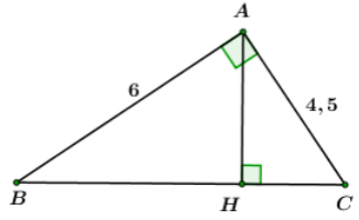 Cho tam giác ABC vuông tại A, AB = 6cm, AC = 4,5cm Tính các góc B, C và đường cao AH của tam giác? (ảnh 1)