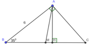 Cho tam giác ABC vuông tại A,  góc B= 35 độ và AB = 6cm Vẽ đường cao AH và trung tuyến AM của tam giác ABC (ảnh 1)