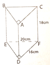 Cho một hình lăng trụ đứng ABC.DEF, đáy là tam giác vuông có kíc thước như (ảnh 1)